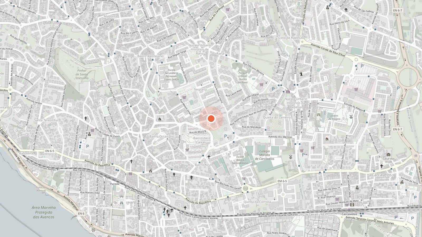 Mapa de Parede, municipio de Cascais, con marca en la Rua Professor Agostinho da Silva