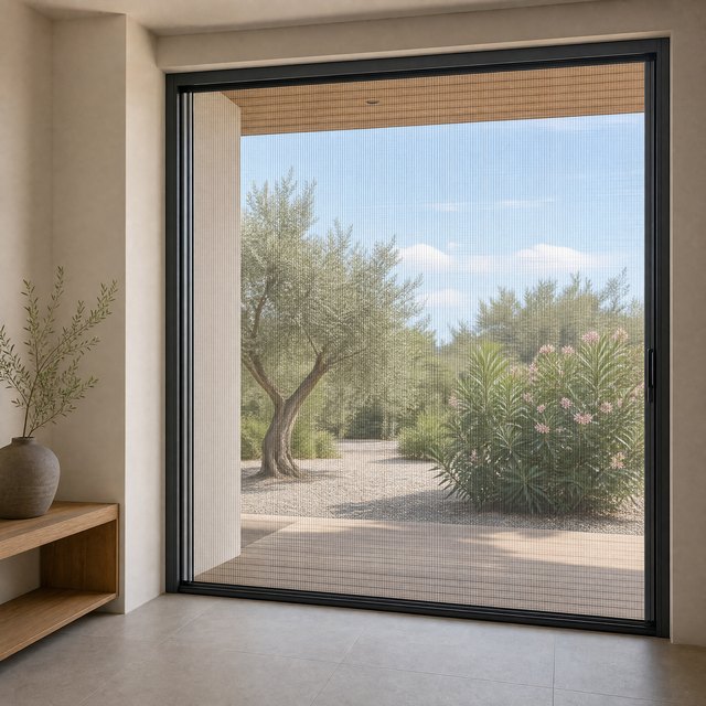 Salón con hueco corredero abierto y mosquitera plisada cerrando el hueco